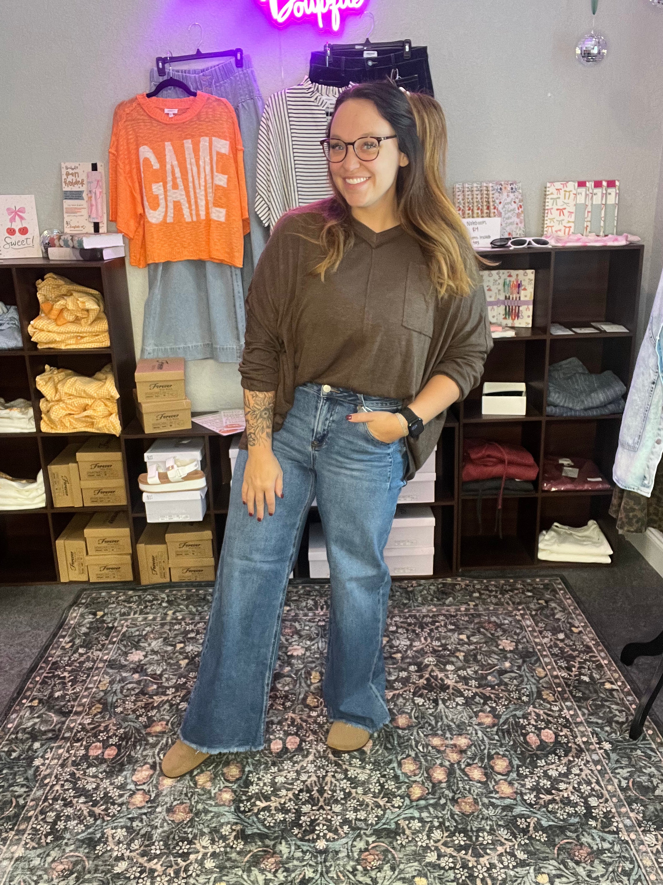 Mid Rise Risen Wide Leg